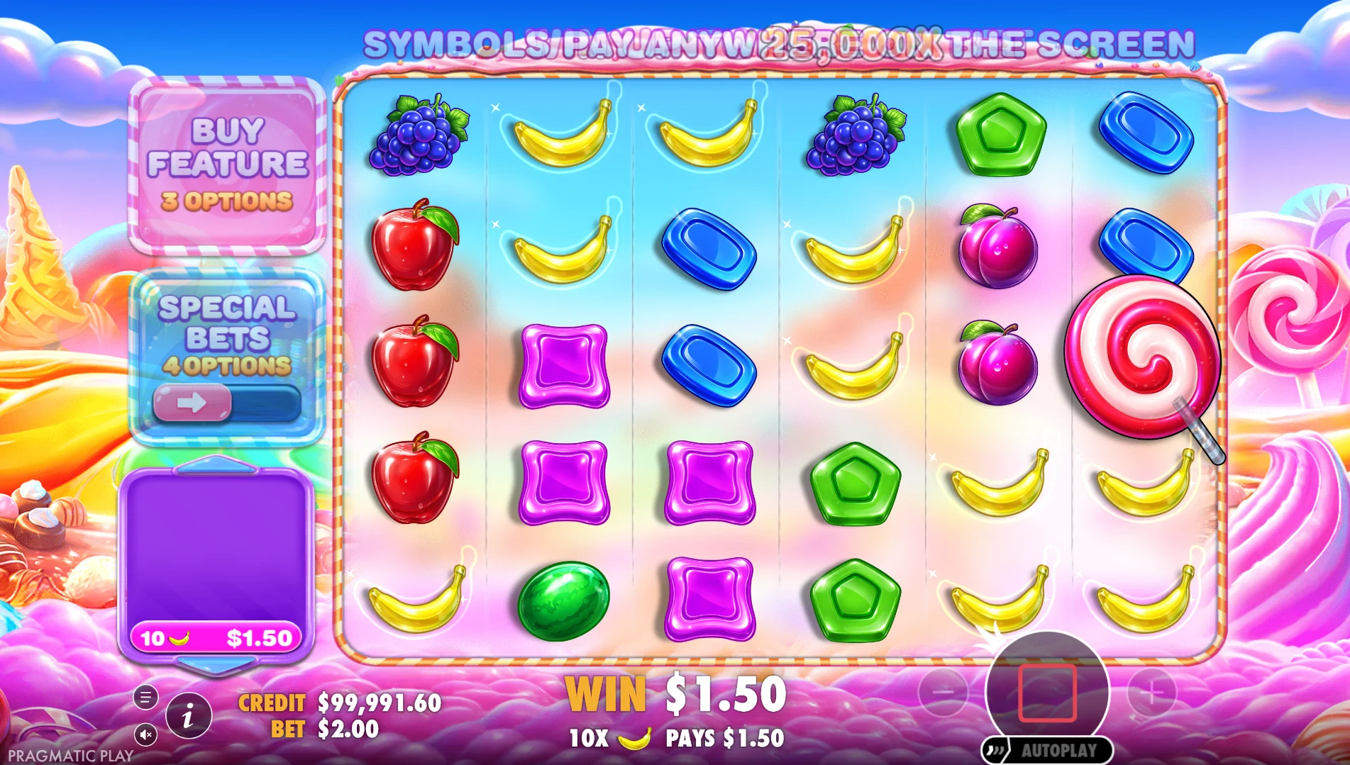 Gameplay do Sweet Bonanza mostrando símbolos de frutas, balas e multiplicadores na grade 6x5